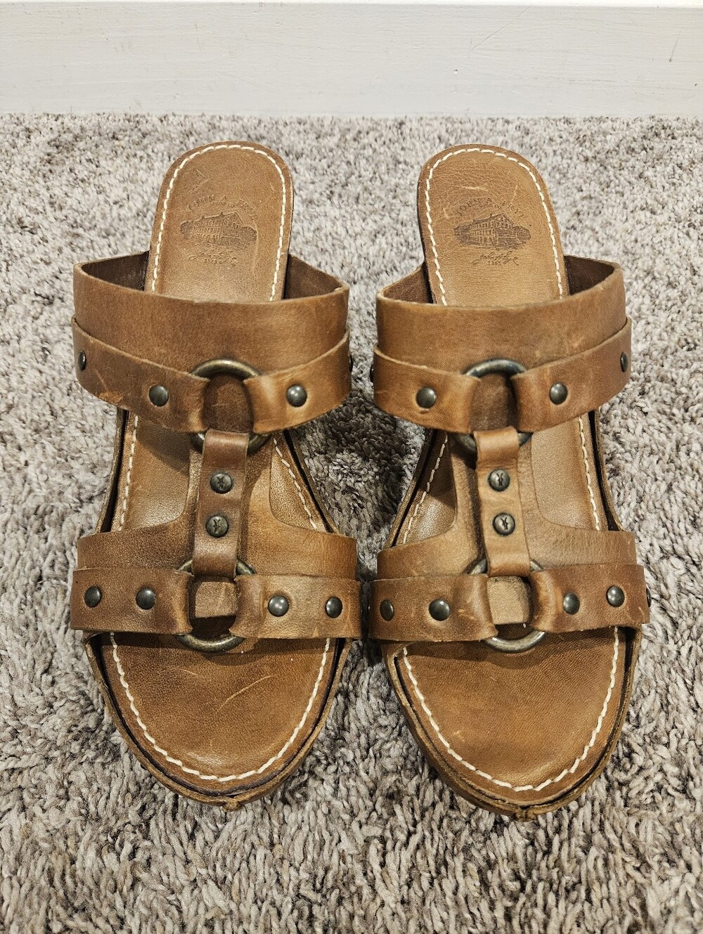 Vintage Frye Campus Mule/Clog Sandals in a classic luggage-brown leather